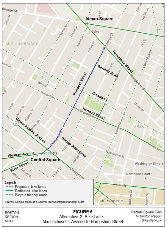 Figure 6 – Map of Alternative 2, which proposes adding bike lanes to Prospect Street from Massachusetts Avenue to Hampshire Street.